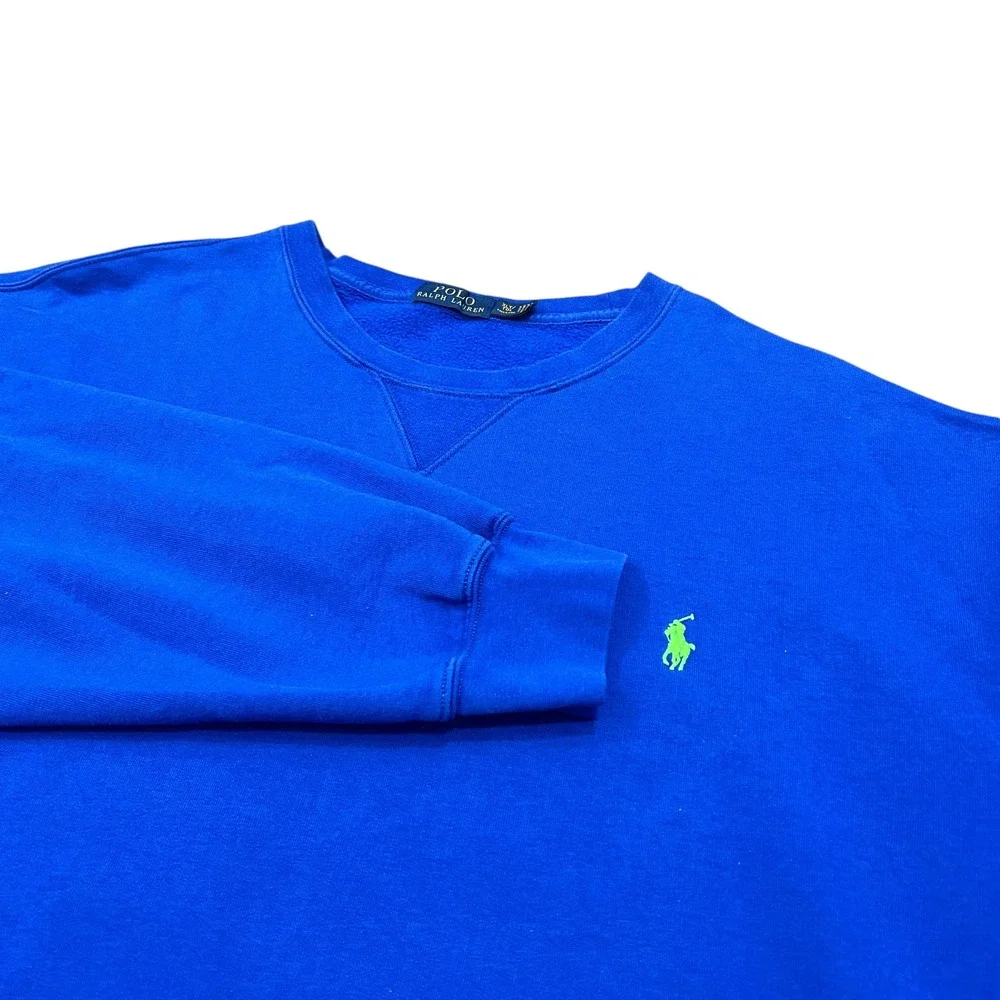 Polo Ralph Lauren Mens XLT Blue Crewneck Sweatshirt Neon Green Pony Logo Fleece
